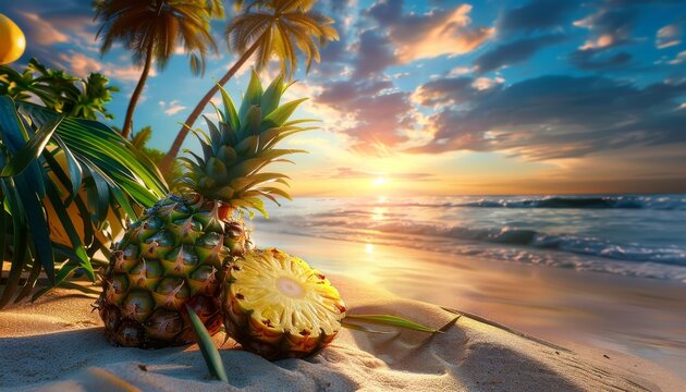 Tropical Sunset with Pineapple on Beach.