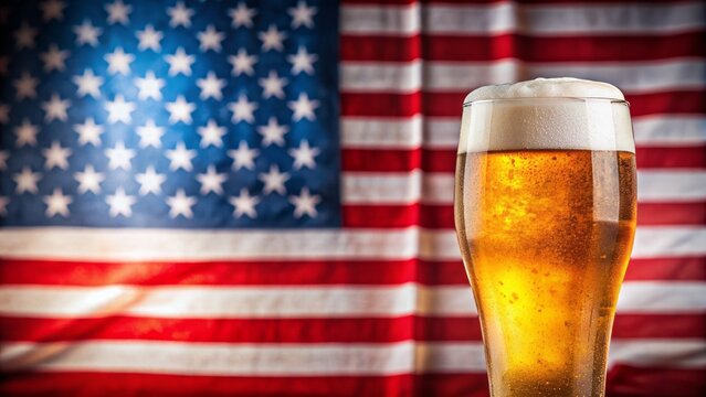 Frosted beer glass with patriotic American flag background celebrates National Beer Day and summer holidays with pride and refreshment.