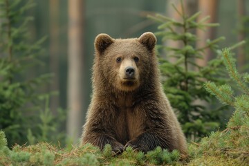 Fototapeta premium A fuzzy brown bear cub leans on a tree stump in the middle of a green forest, exhibiting a moment of tranquility and curiosity in its natural habitat for a stunning wildlife photograph.