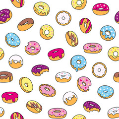 Donuts with glaze. Seamless pattern. Sweet doughnuts. Chocolate confectionery. Hand drawn style. Vector drawing. Design ornaments.