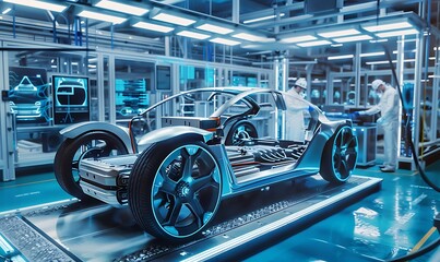 Fototapeta premium Futuristic Car Assembly Line: A Glimpse into Automotive Innovation