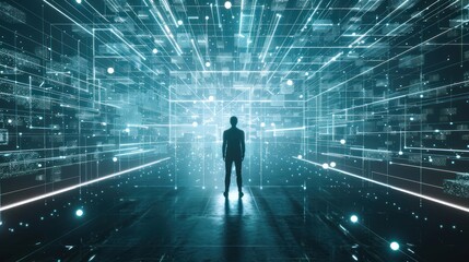 Silhouette of a Man in a Digital Landscape