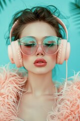 Fototapeta premium Female beauty model wearing sunglasses and pink headphones on a vibrant blue background. Female. Audio, music, enjoyment, emotions, listening. 