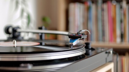 Collection of vinyl records and a record player, creating a nostalgic music scene