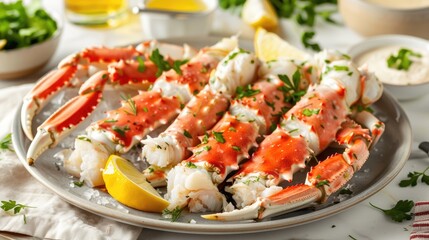Cooked crab legs served on a platter with garnishes