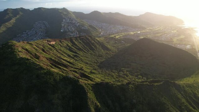 Koko Head Crater drone video zooming out for wider aerial view of Oahu landmark