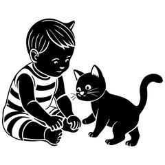 A baby playing with cute cat vector silhouette on white background