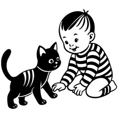 A baby playing with cute cat vector silhouette on white background