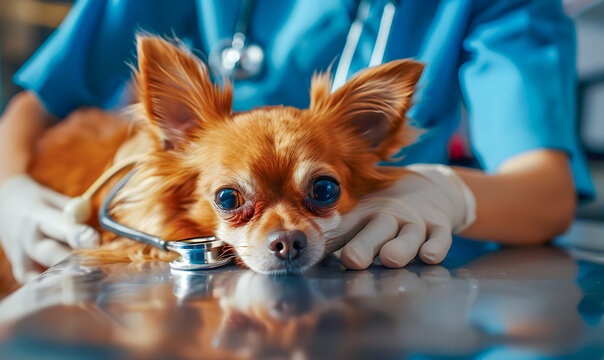 A small sick brown Chihuahua dog is lying on an examination table at a veterinary hospital.