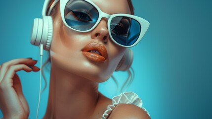 Naklejka premium Female model wearing large sunglasses and headphones on a clean blue background. Female. Audio, music, enjoyment, emotions, listening. 