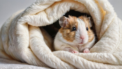 Cute hamster in a white blanket, close-up