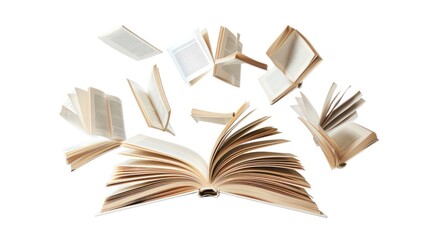 Fototapeta premium Open book falling isolated on white background, a book flying in the air floating concept to foster the desire to read and learn for the sake of gaining knowledge