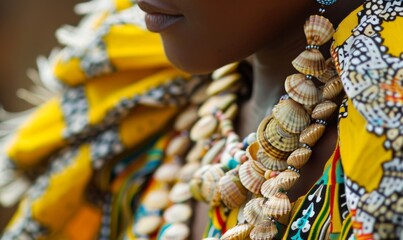 close-up of African woman in vibrant yellow and white patterned fabric with shell necklaces, showcasing traditional attire and cultural representation in natural lighting