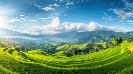 Fototapeta premium A Panoramic View Of Green Rice Fields With Mountains In The Background At Pa Pong Piang Rice Terraces