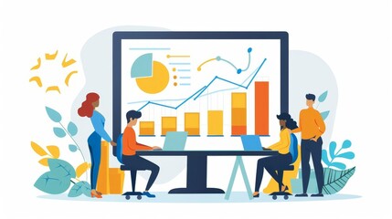 HR team collaborating, growth charts, flat design illustration