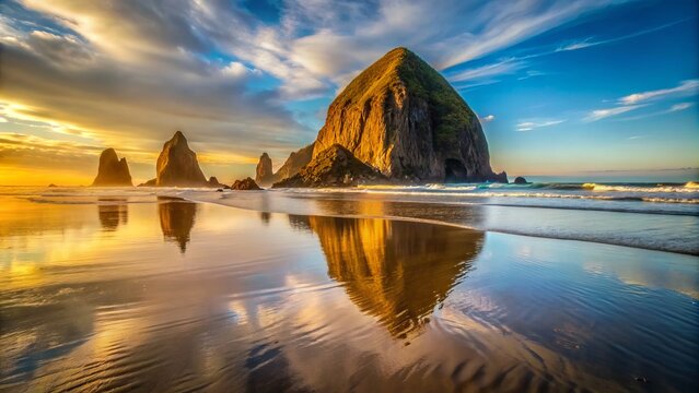 Golden light of sunset casts long shadows on tranquil Cannon Beach, Oregon, with iconic Haystack Rock standing tall in silence.