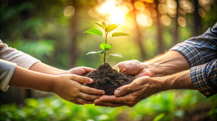 A child and an adult hands holding soil with a small green sprout seedling together. Symbolizing Concept of generational bond coming together for environmental care and growth.