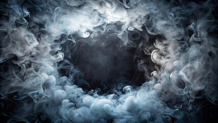 Mystical Swirling Smoke Ring Frame on black background with copy space for text at the center. Mystical Foggy Halloween Background