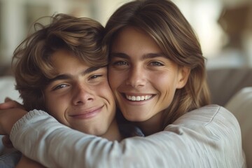 Portrait of grateful teenager man hug smiling middle-aged mother show love and care, thankful happy grown-up son in embrace cheerful mom, enjoy weekend family time at home together, Generative AI