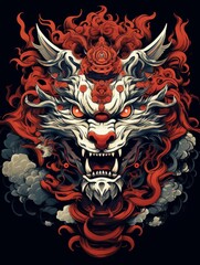 Fiery Dragon Illustration with Red and White Details