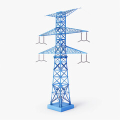3D Blue Power Line Tower Isolated on White Background