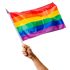 Fototapeta premium Hand Holding Rainbow Flag against a Train Isolated on Transparent or White Background, PNG