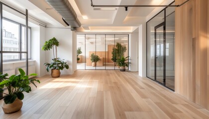 Obraz premium A meeting room with large glass walls providing a spacious feel, light-colored wooden floor, and assorted plants to create a comfortable and vibrant setting for discussions and collaborations.