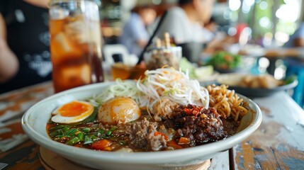 Delicious Asian meal with iced drink in a restaurant.