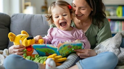 Mother and child enjoying imaginative finger puppet reading session
