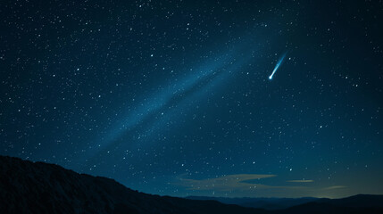 Comet streaking across a star-filled night sky.