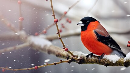 A vibrant red and black bullfinch perched on an icy branch