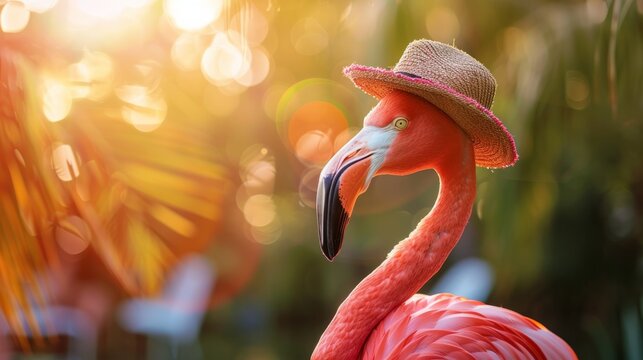 Hot pink flamingo wearing a hat on a bright blurred background, summer holiday concept, tourism, banner with copy space