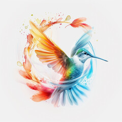 Fototapeta premium Colorful watercolor hummingbird in flight on white background