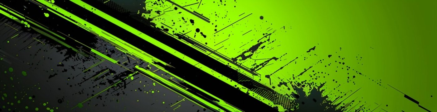 Abstract green and black background with diagonal grunge stripes and paint splatters