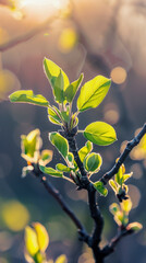 Close-Up of Fresh Green Leaves Sprouting in Spring