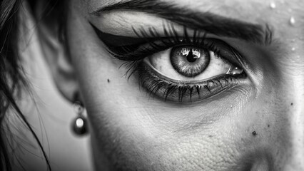 Fototapeta premium Intense, dramatic close-up of a single, piercing female eye, with luscious lashes and subtle wrinkles, in crisp black and white.