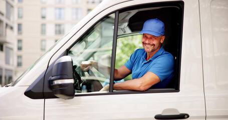 Efficient Courier Man in Uniform Driving Delivery Van for Reliable Service