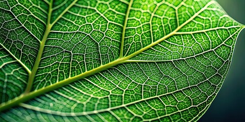 Obraz premium Lush green leaf with intricate veins, symbolizing growth and renewal, green, nature, organic, plant, foliage, flora, botany, fresh