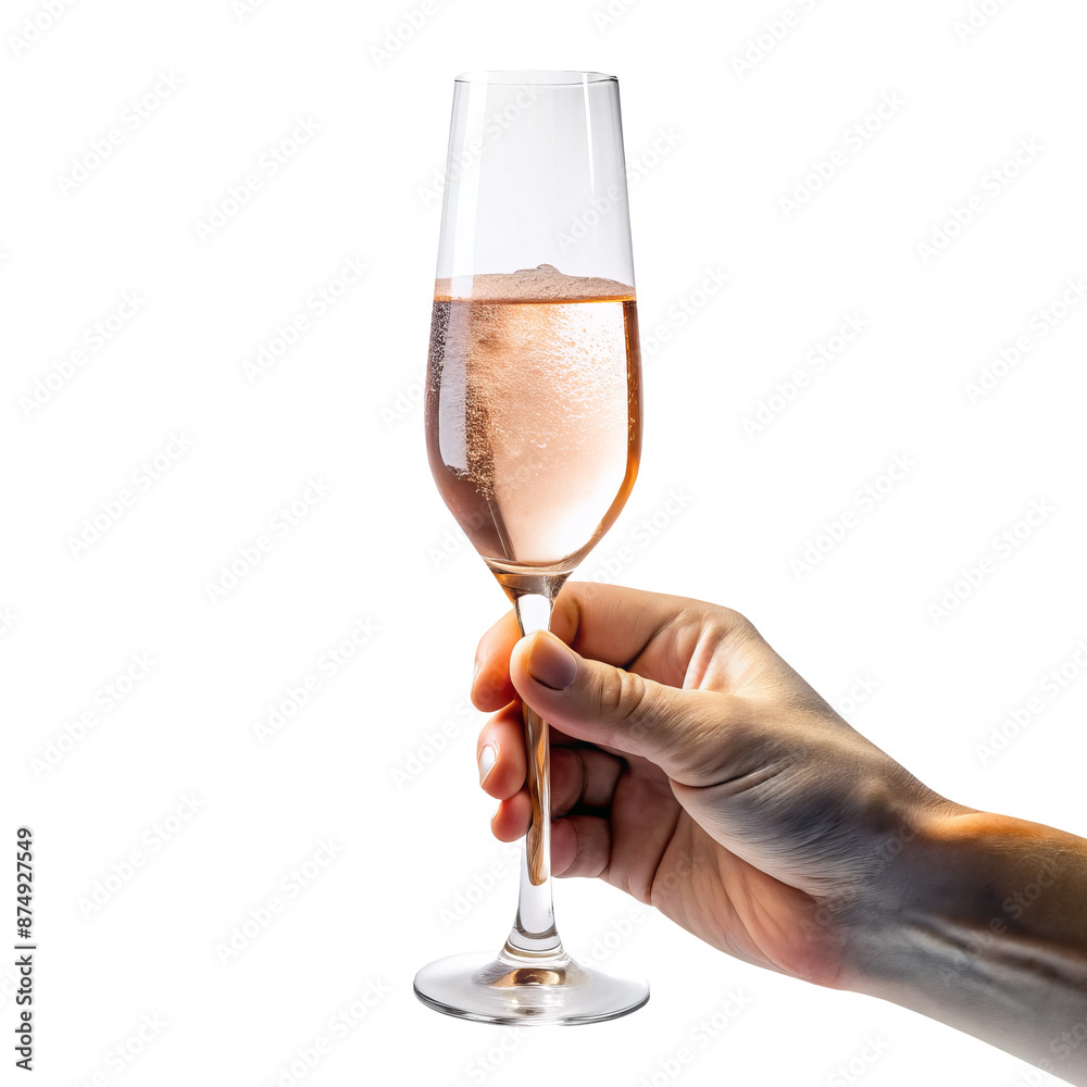 Wall mural hand holding pink champagne wine glass goblet isolated on white background