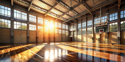 Indoor basketball court with natural sunlight streaming in, creating dynamic shadows , sports, basketball court, indoor
