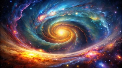 Breathtaking cosmic whirlpool of vibrant hues and luminous gas, swirling in a mesmerizing dance of celestial beauty and chaos.