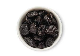 Ceramic bowl with sweet dried plums prunes isolated on white background.Top view.