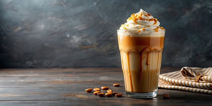 Iced caramel latte with whipped cream and caramel drizzle on top, coffee, drink, beverage, latte, iced, caramel
