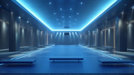 The image shows a modern indoor swimming pool with blue water, surrounded by benches and bright lights.