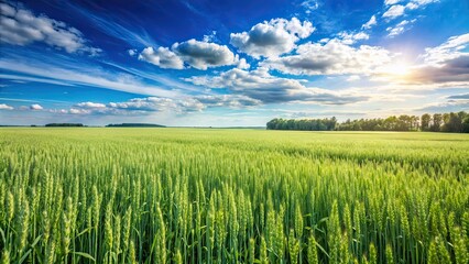 Fototapeta premium Green oat field under blue sky in early summer , Avena sativa, cultivation, agriculture, farm, crop, rural, landscape, nature