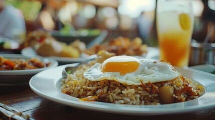 Fried egg atop rice dish with drink in background, HD.