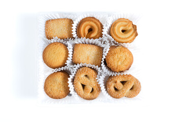 Danish butter cookies, butter cookies in box isolated on white background