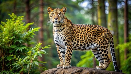 Obraz premium Leopard standing majestically in a forest background, leopard, majestic, wild, animal, predator, nature, jungle, fur