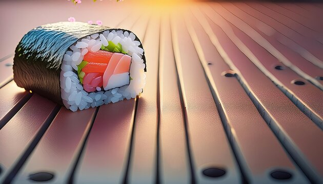 some nigiri and sushi roll on wooden table with blur background and copy space