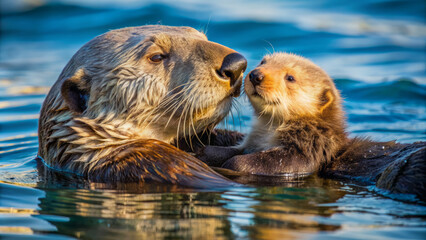 A gentle sea otter mother cradles her precious baby, softly gazing into its eyes, as they float serenely together in the calm ocean waters.